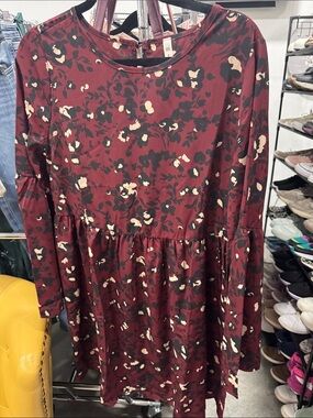 mittoshop Burgundy Floral Long-Sleeve Casual Dress